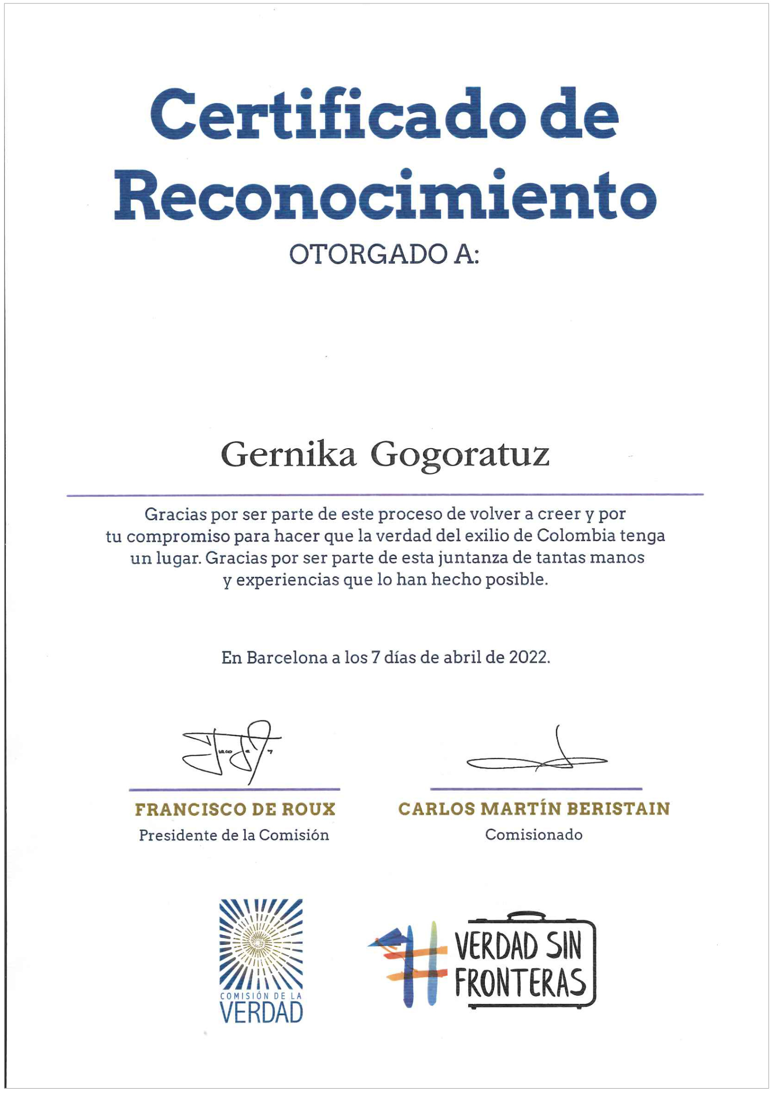 Certificado de la Comisión de la Verdad de Colombia
