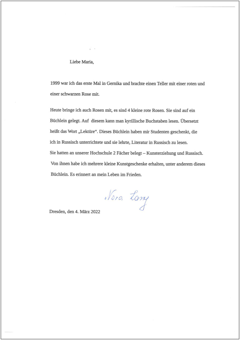 Carta de Nora Lang, superviviente del bombardeo de Dresden